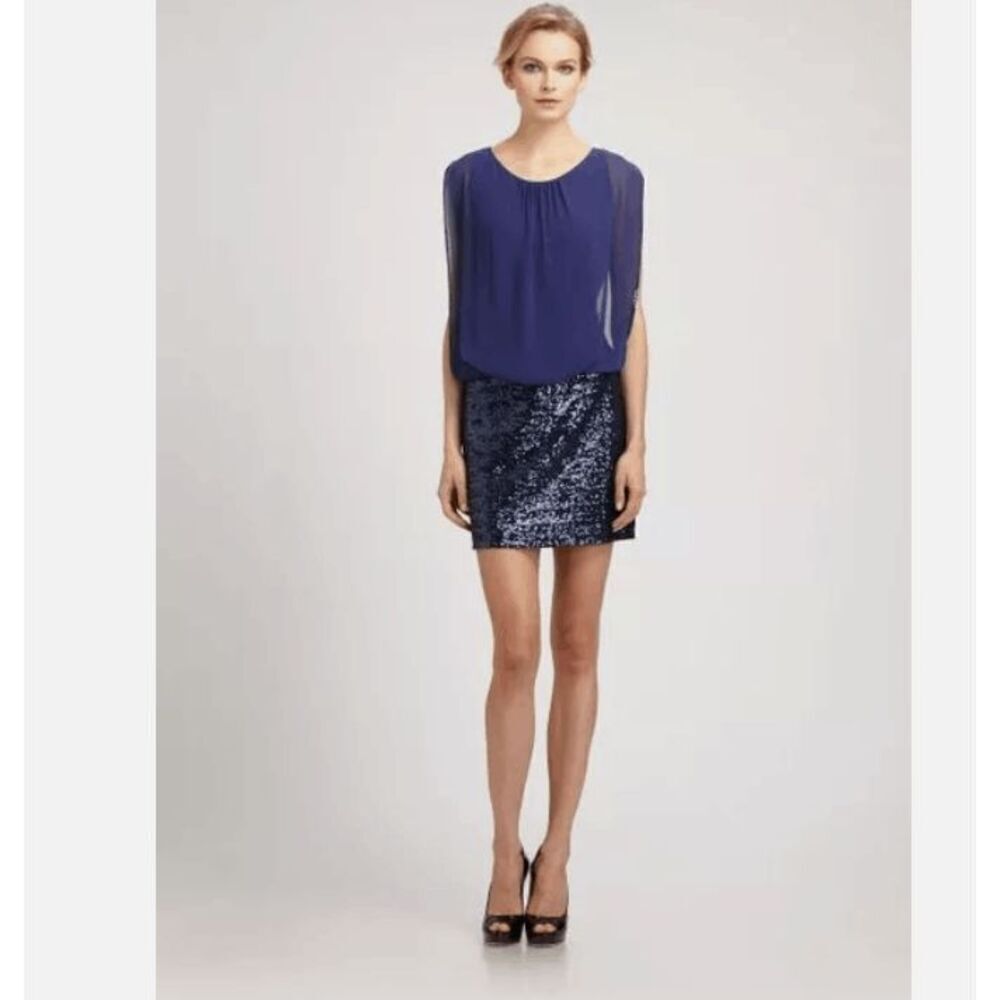 Aidan Mattox Blouson Mini Dress with Sequin Skirt Navy Blue Stretch Size 10‎